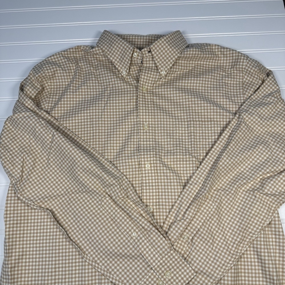 Lands' End Button Up Shirt‎ Men's Large 16-16.5 Tan And White Checked GUC
